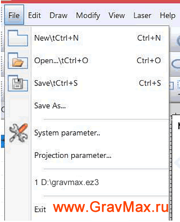 EzCad 3 для 3D гравировки Инструкция 2 Меню файл 2.1-2.4 Создать Открыть Сохранить Системные параметры