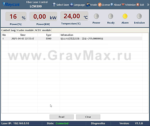 Alarm E040 Ошибка лазерных источников Raycus